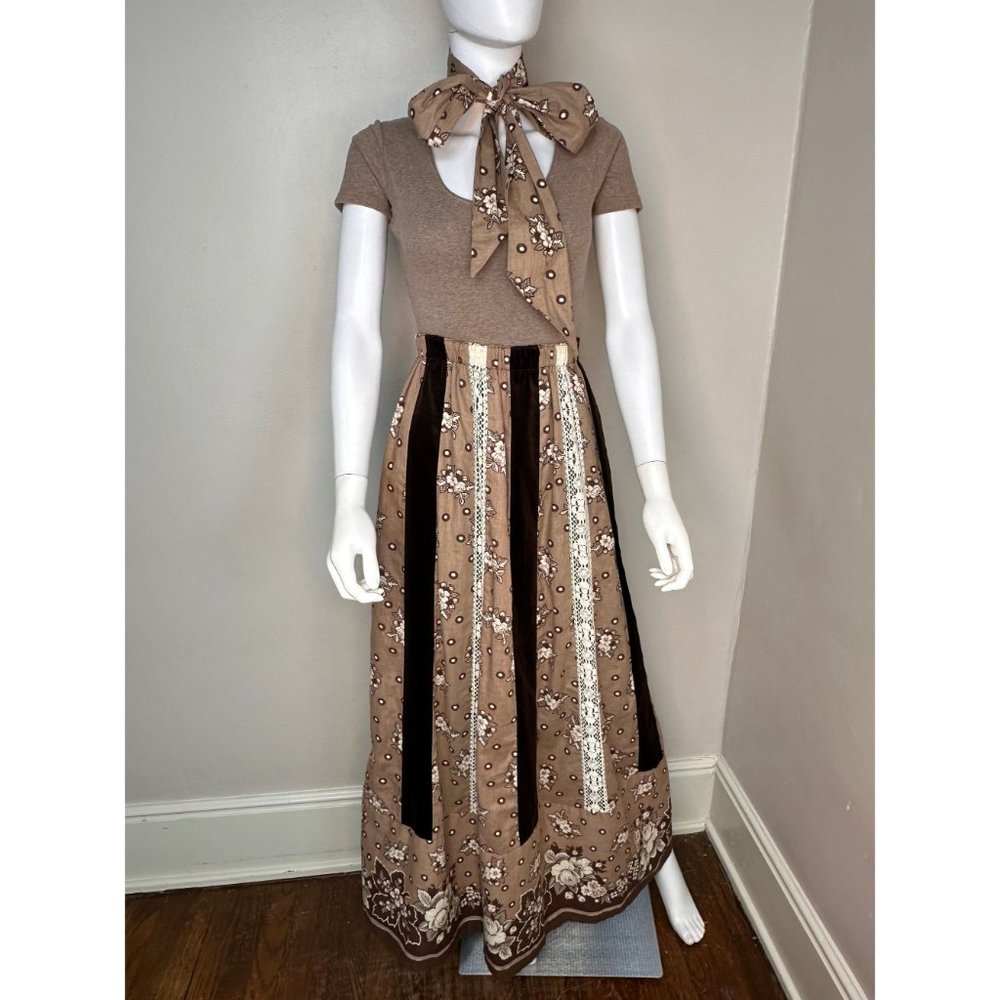 Vintage 1970s Mocha Brown Floral Lace Brown Velvet Patchwork Maxi Skirt, Mr Hank - Picture 5 of 9